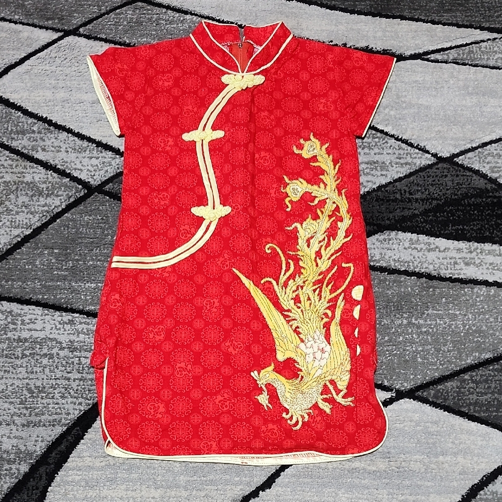 GIRLS CHINESE EMBROIDERY RED & GOLD GLITTER PHOENIX QIPAO CHEONGSAM DRESS